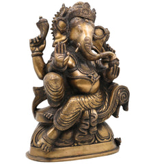 Handcrafted Brass Ganesha Ganpati Idol | Vinayaka Siddhivinayak Vighnaharta Murti for Pooja Room, Temple, Home Decor & Gifting, Brown, 13.5 Inch