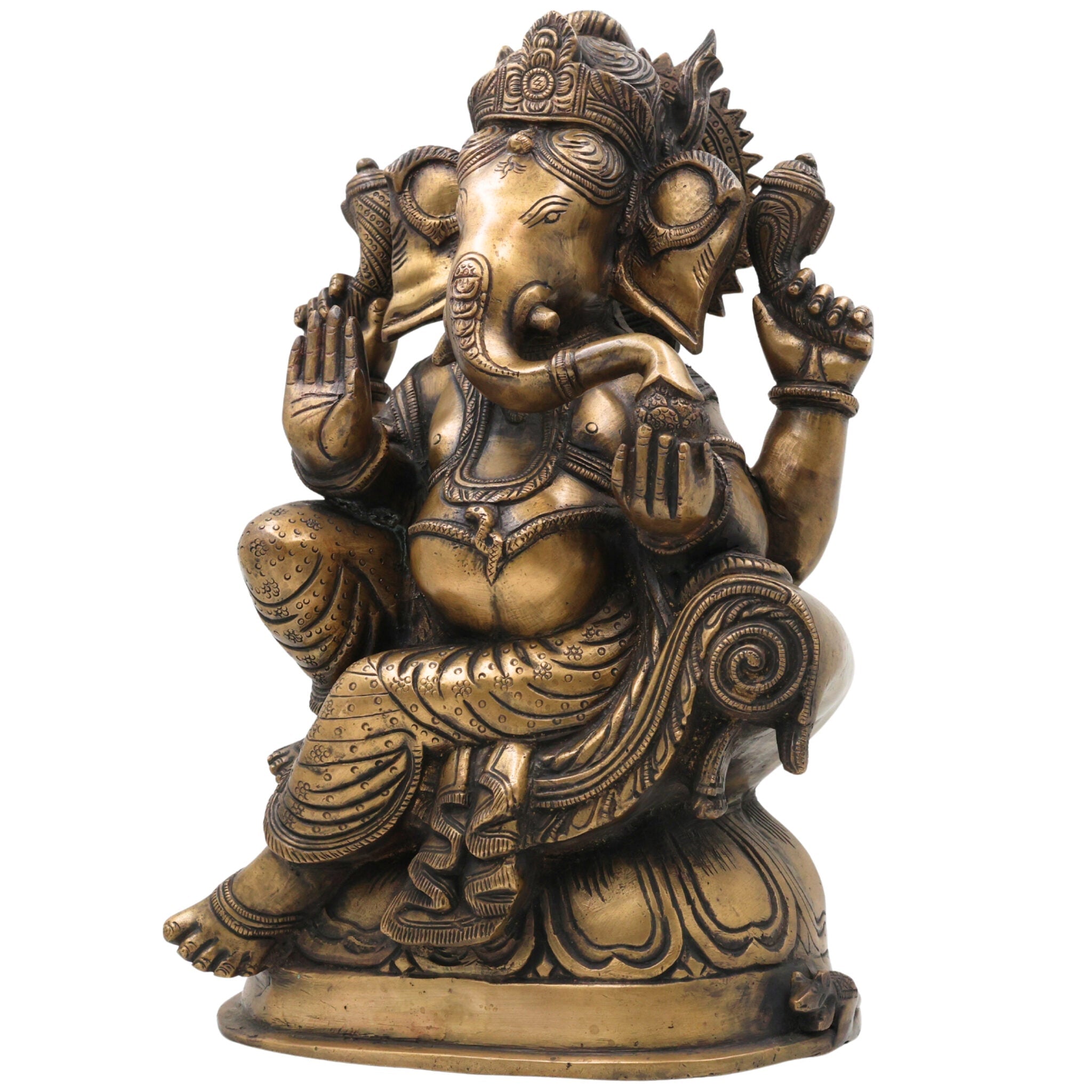 Handcrafted Brass Ganesha Ganpati Idol | Vinayaka Siddhivinayak Vighnaharta Murti for Pooja Room, Temple, Home Decor & Gifting, Brown, 13.5 Inch