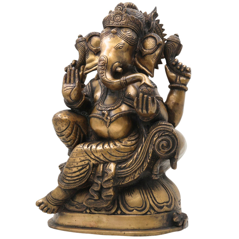 Handcrafted Brass Ganesha Ganpati Idol | Vinayaka Siddhivinayak Vighnaharta Murti for Pooja Room, Temple, Home Decor & Gifting, Brown, 13.5 Inch