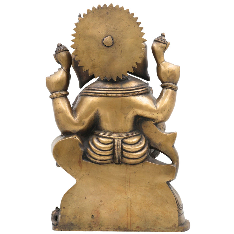 Handcrafted Brass Ganesha Ganpati Idol | Vinayaka Siddhivinayak Vighnaharta Murti for Pooja Room, Temple, Home Decor & Gifting, Brown, 13.5 Inch