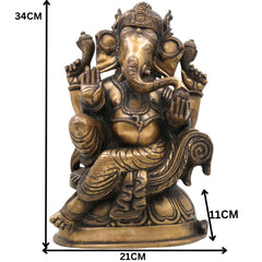 Handcrafted Brass Ganesha Ganpati Idol | Vinayaka Siddhivinayak Vighnaharta Murti for Pooja Room, Temple, Home Decor & Gifting, Brown, 13.5 Inch