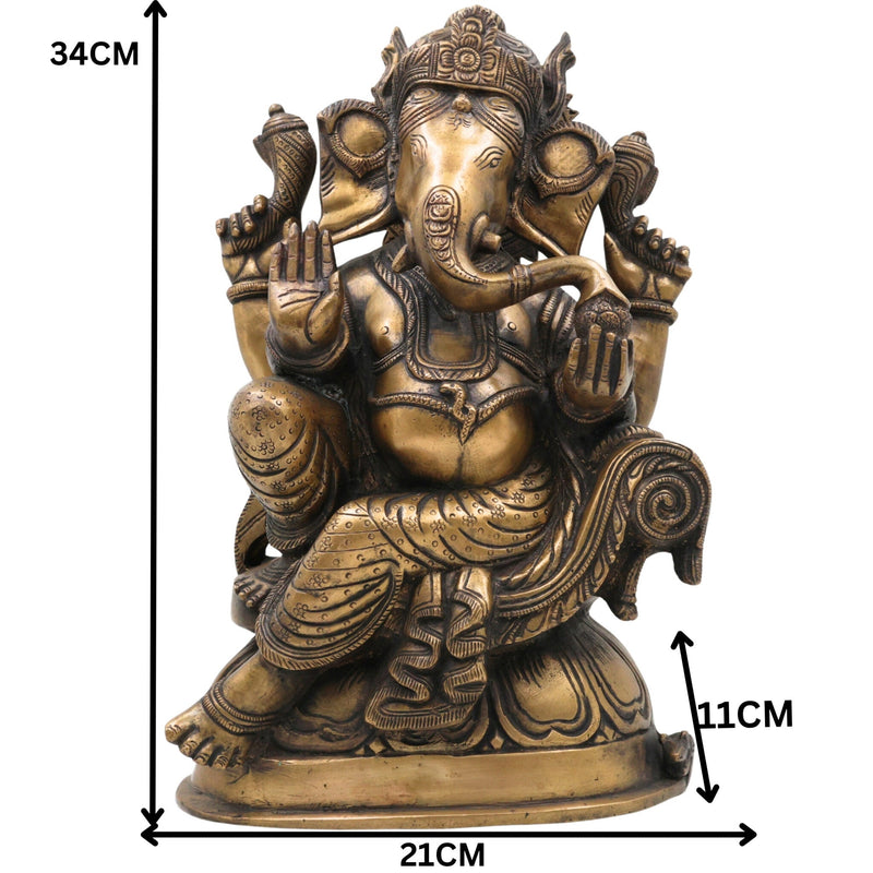 Handcrafted Brass Ganesha Ganpati Idol | Vinayaka Siddhivinayak Vighnaharta Murti for Pooja Room, Temple, Home Decor & Gifting, Brown, 13.5 Inch