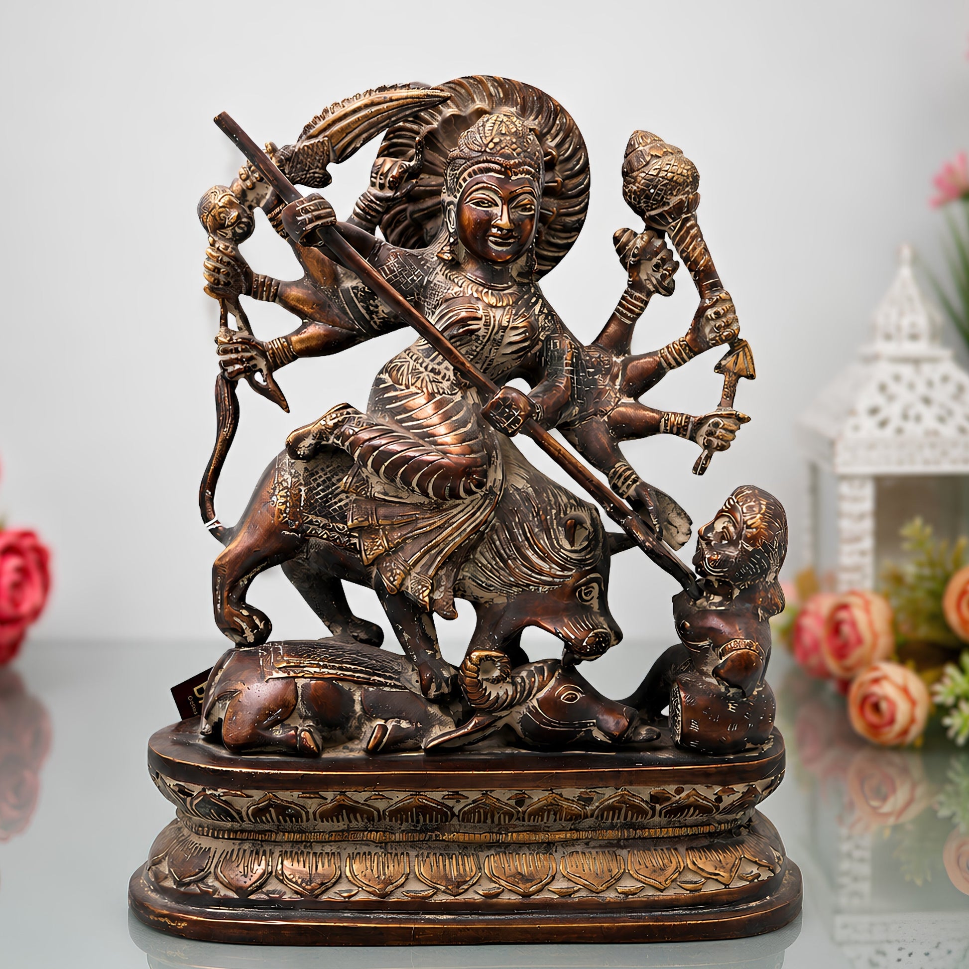 Brass Durga Idol, Mahishasura Mardini Shakti Moorthi, Maa Durga Murti for Home Temple, Navratri & Pooja Décor,Brown, 13 Inch, 1 Piece