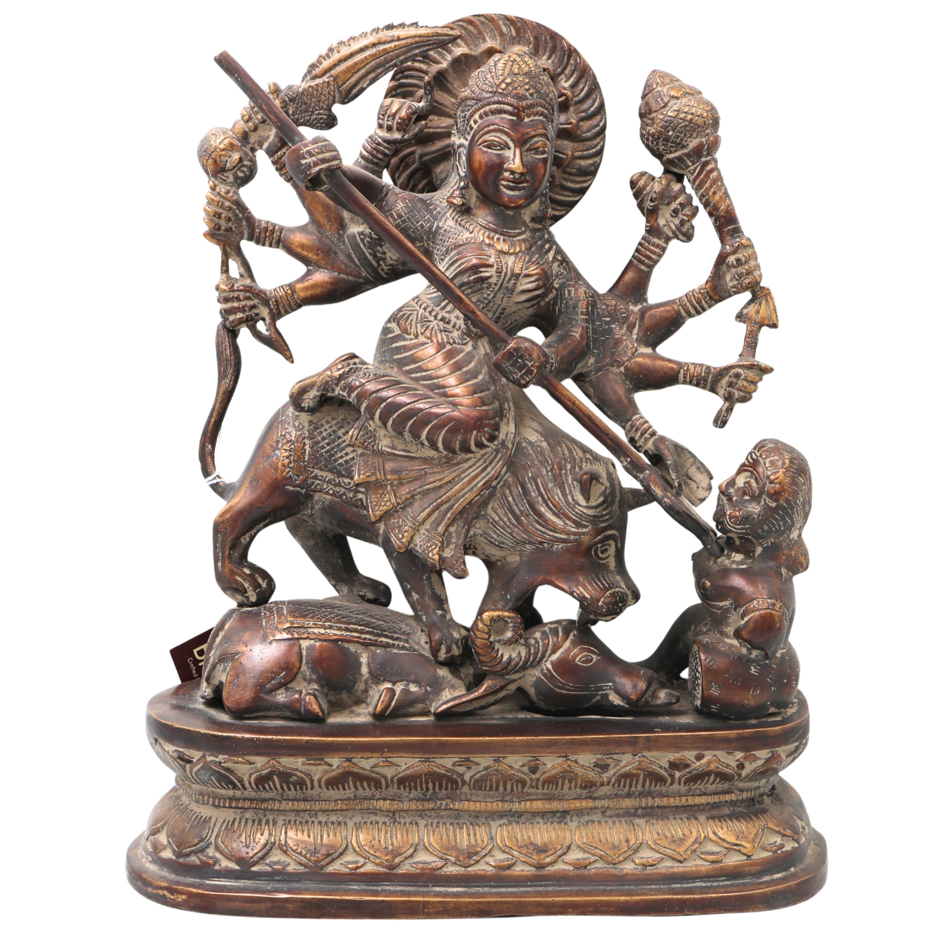 Brass Durga Idol, Mahishasura Mardini Shakti Moorthi, Maa Durga Murti for Home Temple, Navratri & Pooja Décor,Brown, 13 Inch, 1 Piece