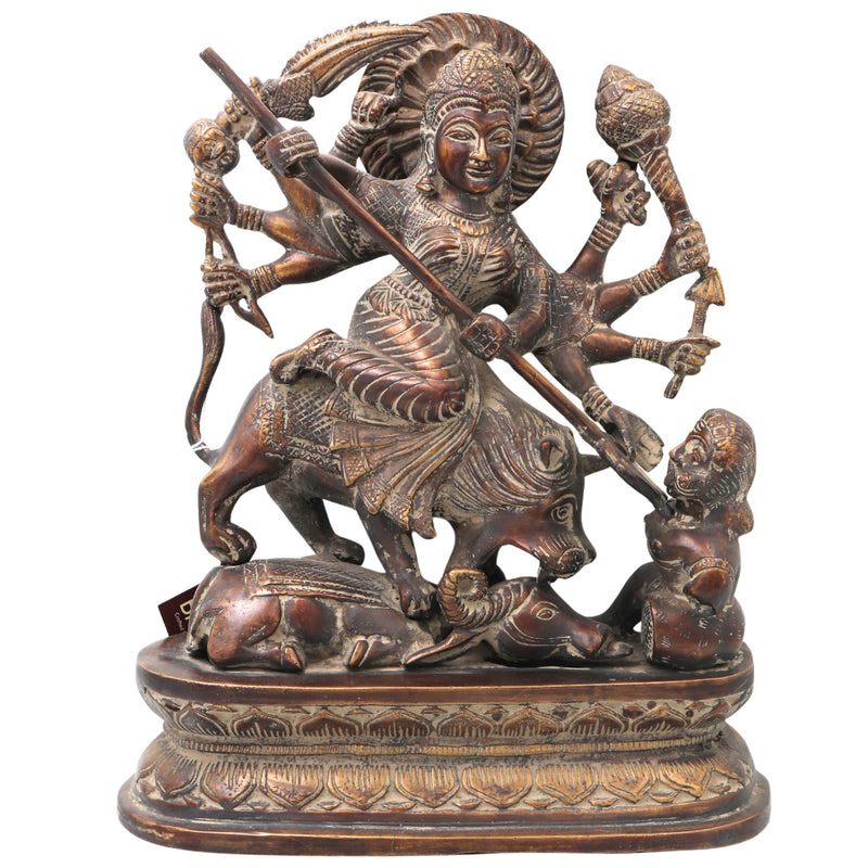Brass Durga Idol, Mahishasura Mardini Shakti Moorthi, Maa Durga Murti for Home Temple, Navratri & Pooja Décor,Brown, 13 Inch, 1 Piece
