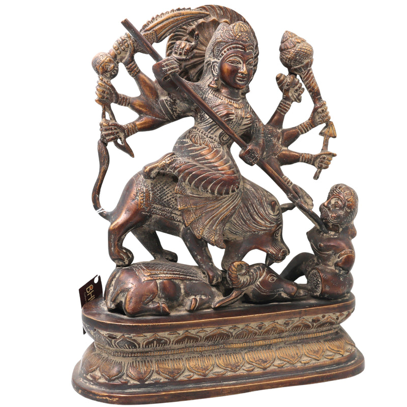 Brass Durga Idol, Mahishasura Mardini Shakti Moorthi, Maa Durga Murti for Home Temple, Navratri & Pooja Décor,Brown, 13 Inch, 1 Piece