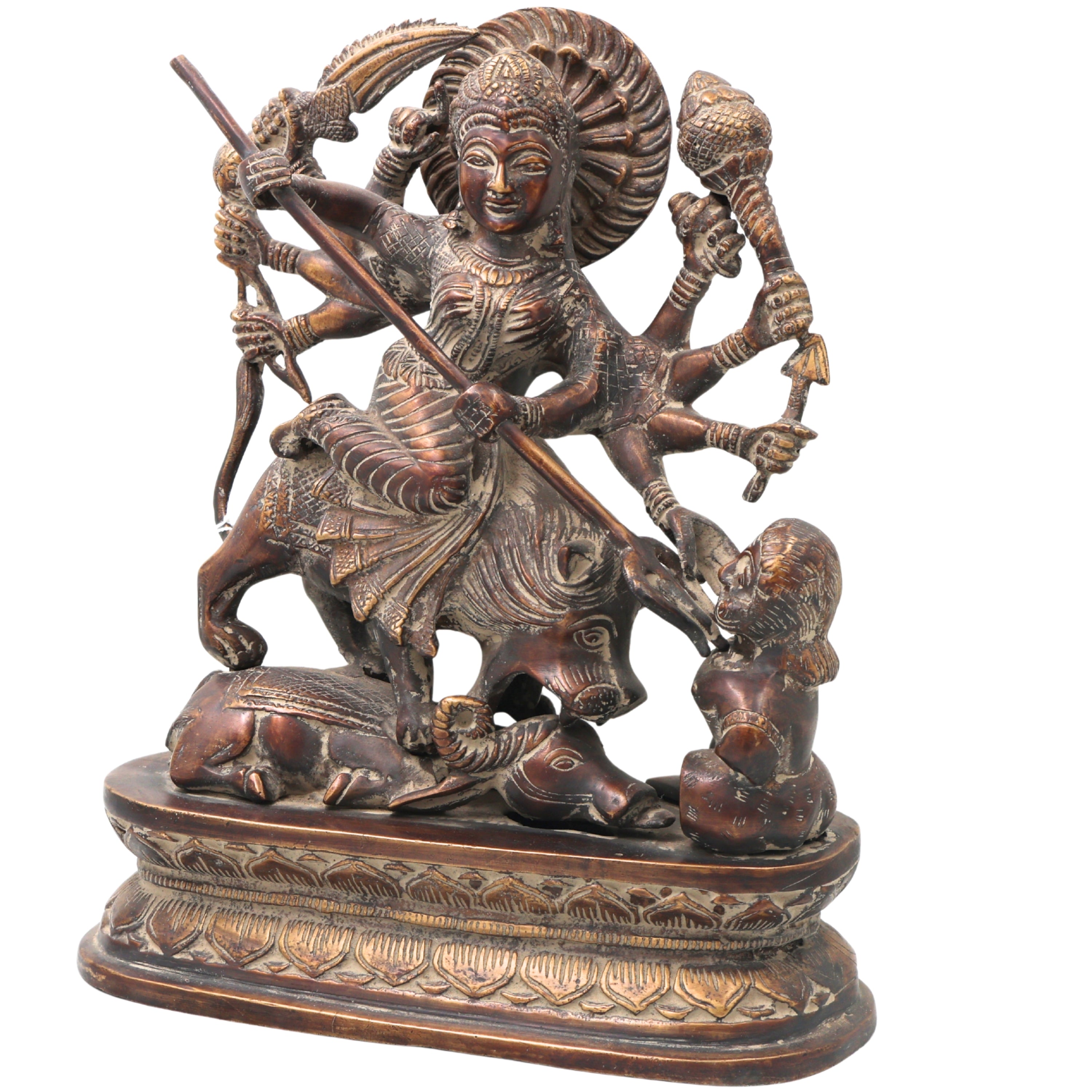 Brass Durga Idol, Mahishasura Mardini Shakti Moorthi, Maa Durga Murti for Home Temple, Navratri & Pooja Décor,Brown, 13 Inch, 1 Piece