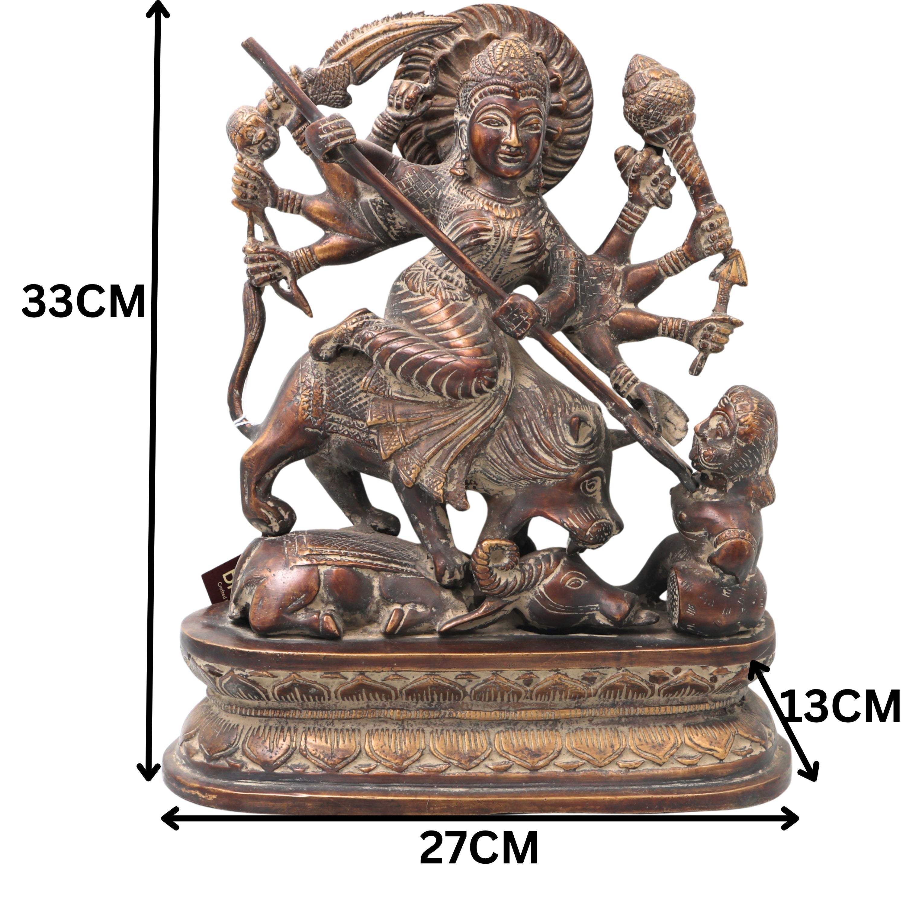 Brass Durga Idol, Mahishasura Mardini Shakti Moorthi, Maa Durga Murti for Home Temple, Navratri & Pooja Décor,Brown, 13 Inch, 1 Piece