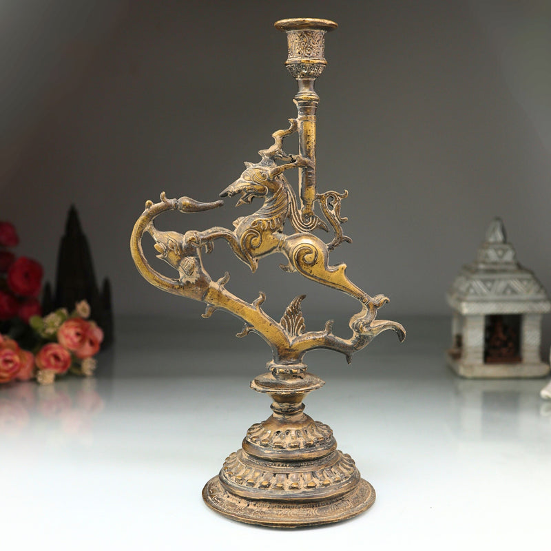 Brass Yali Candle Holder Stand, Handcrafted Lion (Sher) Pooja Deepam Stand for Temple, Diya, and Home Decor, Brown, 13 Inch, 1 Piece