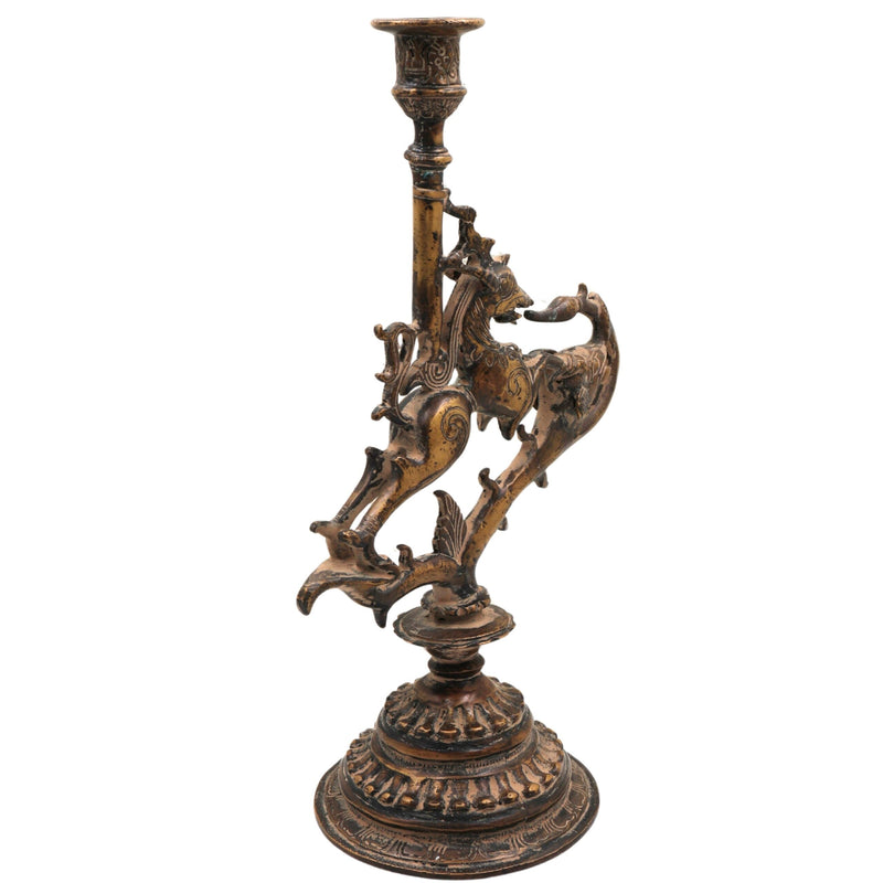 Brass Yali Candle Holder Stand, Handcrafted Lion (Sher) Pooja Deepam Stand for Temple, Diya, and Home Decor, Brown, 13 Inch, 1 Piece
