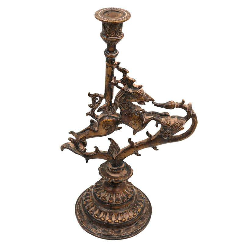 Brass Yali Candle Holder Stand, Handcrafted Lion (Sher) Pooja Deepam Stand for Temple, Diya, and Home Decor, Brown, 13 Inch, 1 Piece