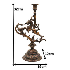 Brass Yali Candle Holder Stand, Handcrafted Lion (Sher) Pooja Deepam Stand for Temple, Diya, and Home Decor, Brown, 13 Inch, 1 Piece