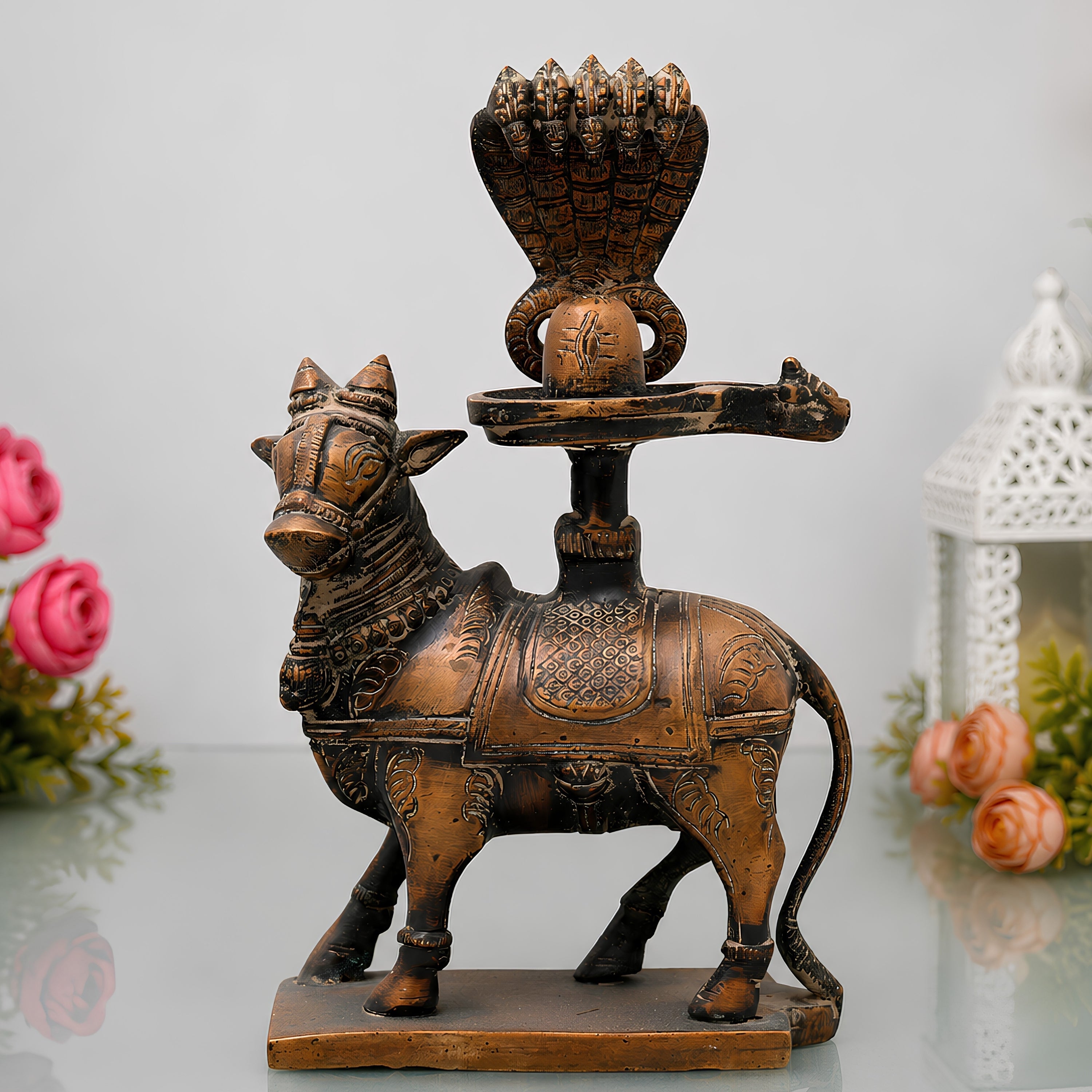Handcrafted Brass Nandhi Shiva Lingam Idol, Shivling with Yoni Base, Panchaloha Shivalingam | Mahadev Jyotirlinga Murti for Home Temple Puja,Brown, 8 Inch, 1 Piece