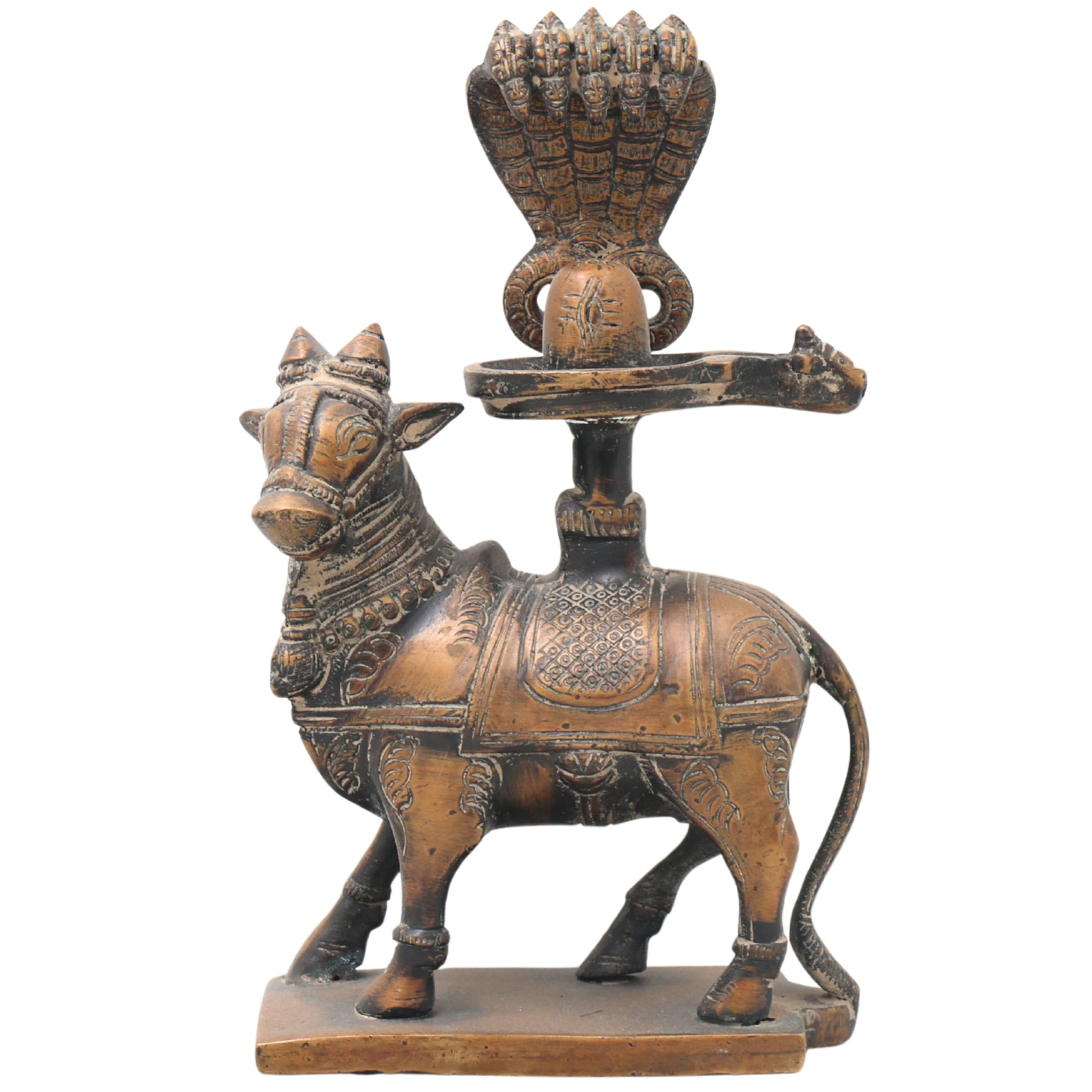 Handcrafted Brass Nandhi Shiva Lingam Idol, Shivling with Yoni Base, Panchaloha Shivalingam | Mahadev Jyotirlinga Murti for Home Temple Puja,Brown, 8 Inch, 1 Piece