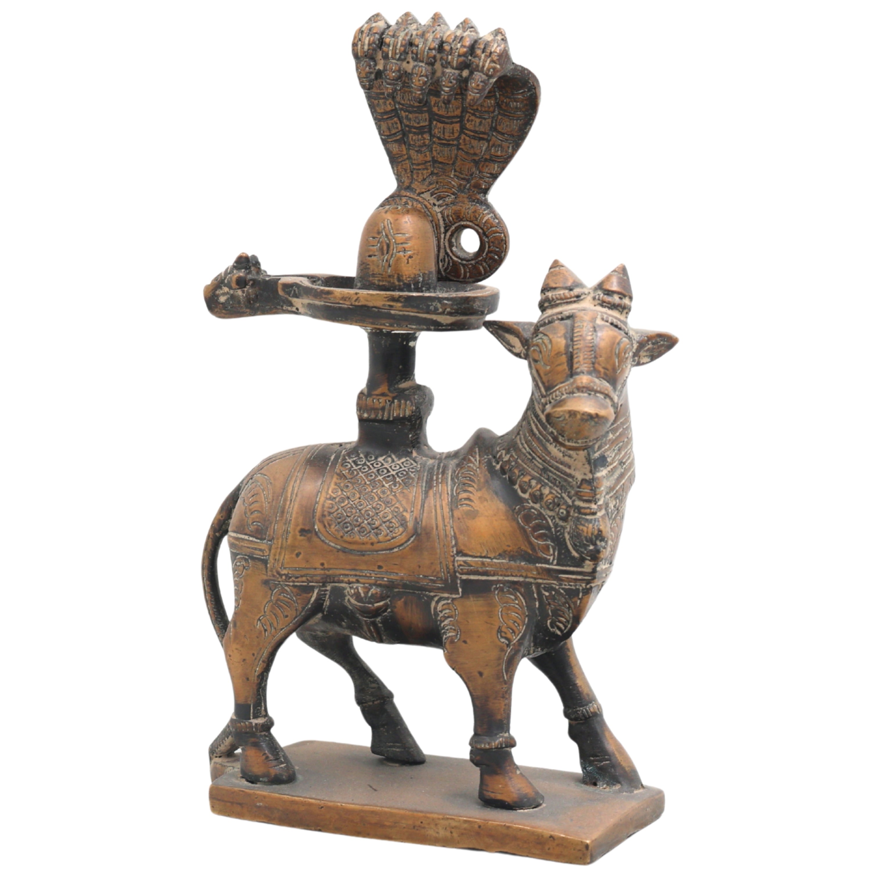 Handcrafted Brass Nandhi Shiva Lingam Idol, Shivling with Yoni Base, Panchaloha Shivalingam | Mahadev Jyotirlinga Murti for Home Temple Puja,Brown, 8 Inch, 1 Piece