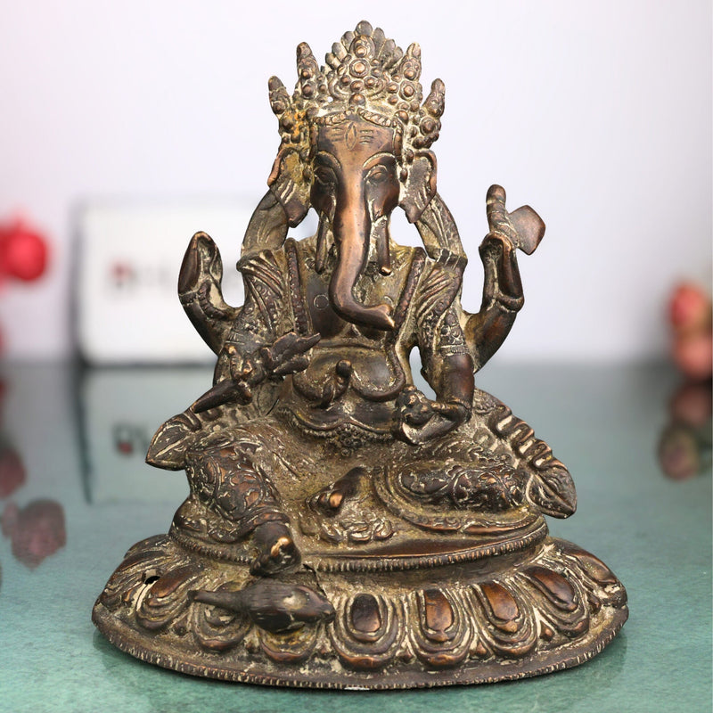 Handcrafted Brass Ganesha Idol | Ganpati Vinayaka Pital Murti for Pooja Room, Home Temple & Decor | Vighnaharta Pillaiyar Ganapati Statue by Bhunes,Brown, 9 Inch, 1 Piece