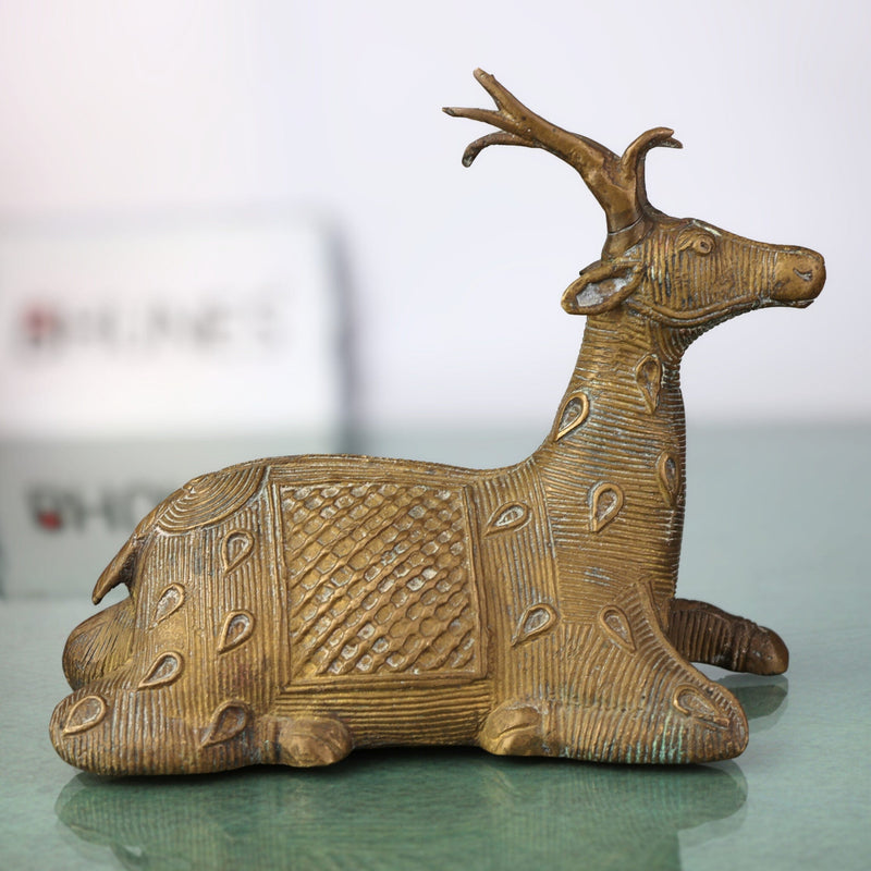 Brass Dogra Deer Idol | Dhokra Tribal Deer Sculpture | Handmade Brass Deer Figurine | Dogra Brass Showpiece | Brass Deer Home Decor,Brown, 5.5 Inch, 1 Piece