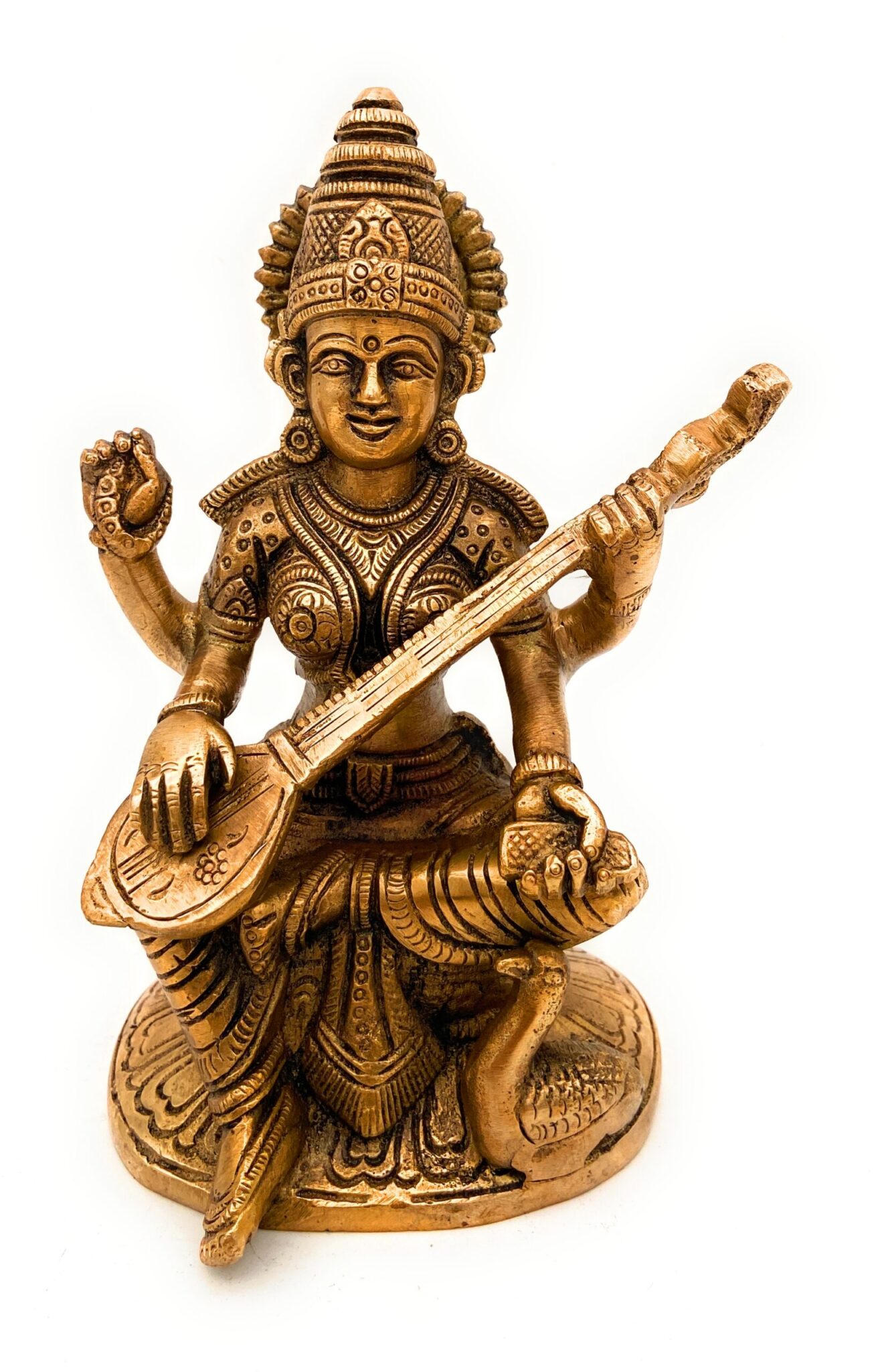 Brass Saraswati Idol, Maa Saraswati Murti, Vidya Devi Statue, Sharada Vagdevi Pratima, Veena Dhari Moorti for Puja & Home Decor, Gold, 7 Inch, 1 Piece