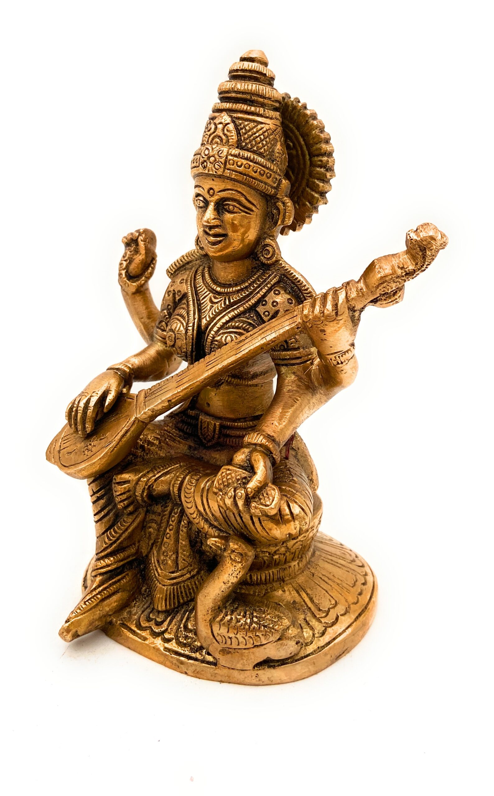 Brass Saraswati Idol, Maa Saraswati Murti, Vidya Devi Statue, Sharada Vagdevi Pratima, Veena Dhari Moorti for Puja & Home Decor, Gold, 7 Inch, 1 Piece
