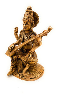 Brass Saraswati Idol, Maa Saraswati Murti, Vidya Devi Statue, Sharada Vagdevi Pratima, Veena Dhari Moorti for Puja & Home Decor, Gold, 7 Inch, 1 Piece