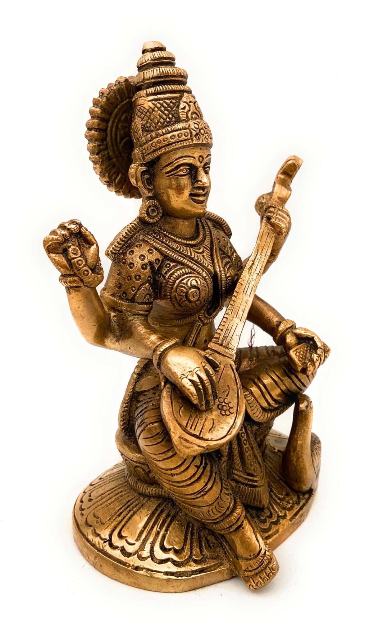Brass Saraswati Idol, Maa Saraswati Murti, Vidya Devi Statue, Sharada Vagdevi Pratima, Veena Dhari Moorti for Puja & Home Decor, Gold, 7 Inch, 1 Piece