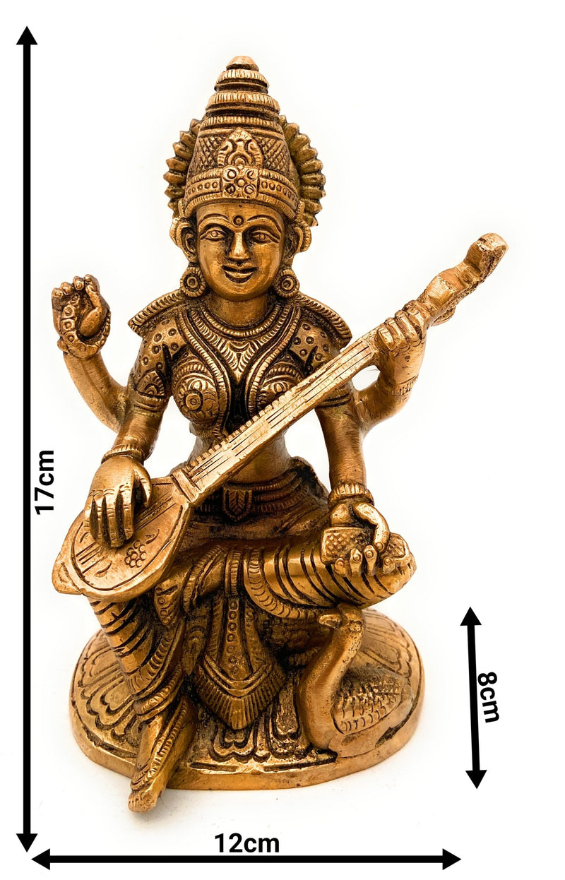 Brass Saraswati Idol, Maa Saraswati Murti, Vidya Devi Statue, Sharada Vagdevi Pratima, Veena Dhari Moorti for Puja & Home Decor, Gold, 7 Inch, 1 Piece