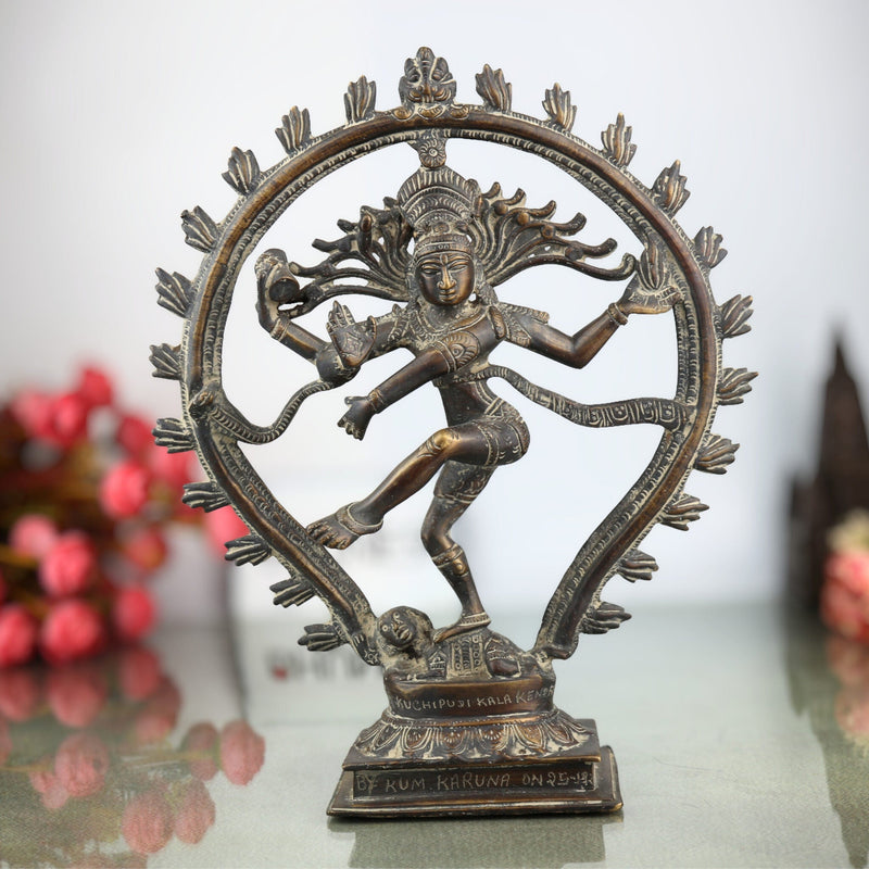 Brass Nataraja Idol, Lord of Cosmic Dance, Adalvallan, Koothan, Natesa, Ananda Tandava Shiva Murti, Handcrafted for Home, Temple, Puja & Gifting,Brown, 12 Inch, 1 Piece