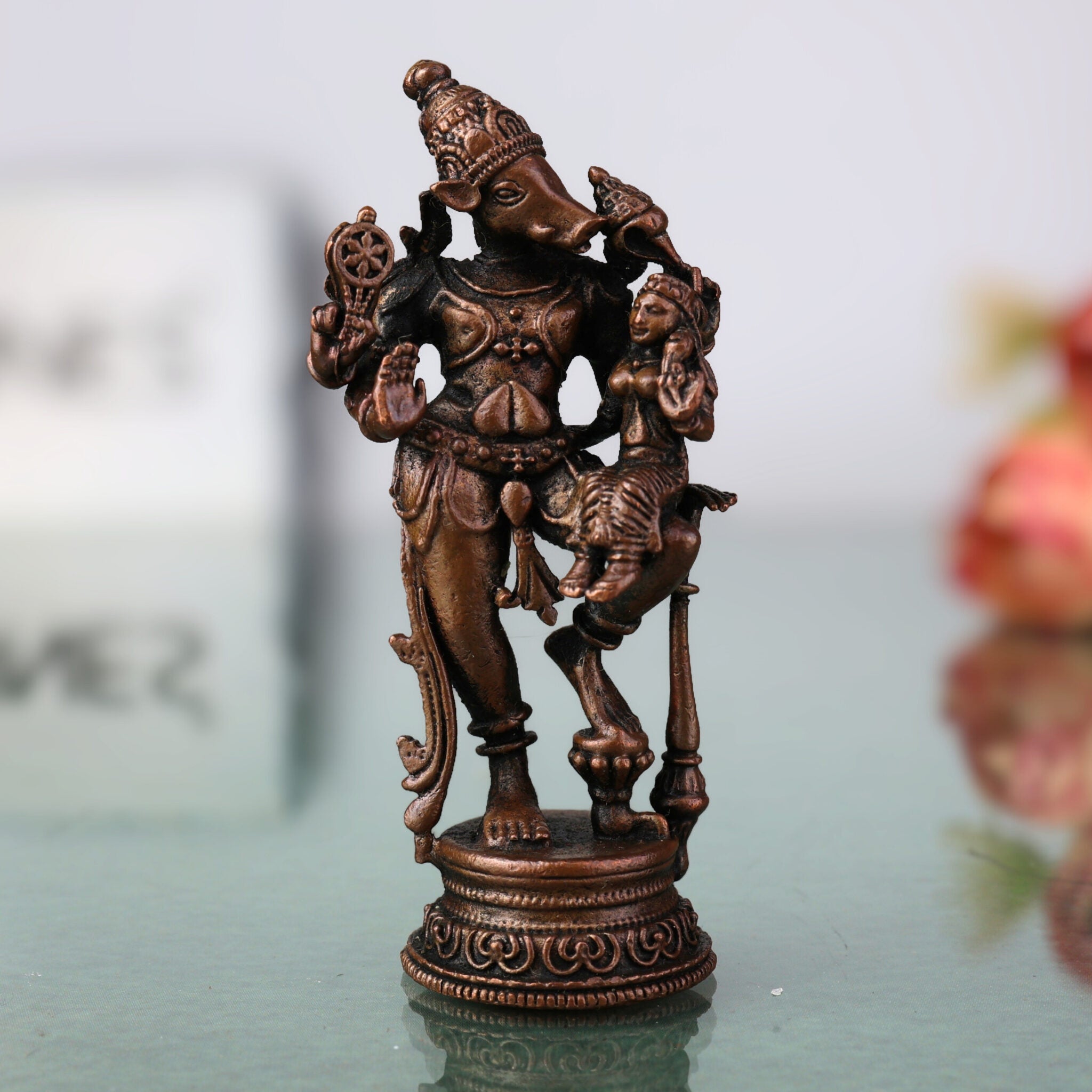 Copper Varaha Lakshmi Idol, Tamra Varaha Bhagwati Murti, Varahi Lakshmi Statue, Bhudevi Varaha Pooja Vigraham, Handcrafted Home Temple Decor,Brown, 3 Inch, 1 Piece