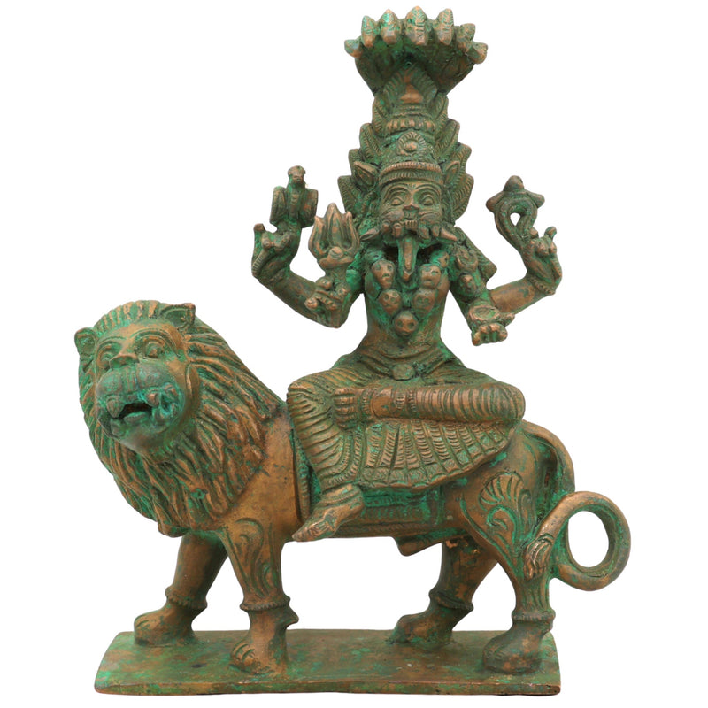 Handcrafted Bronze Pratyangira Devi Idol | Panchaloha Atharvana Bhadrakali, Narasimhi & Simhamukhi Statue for Home, Temple & Office Decor,Brown, 7.5 Inch, 1 Piece