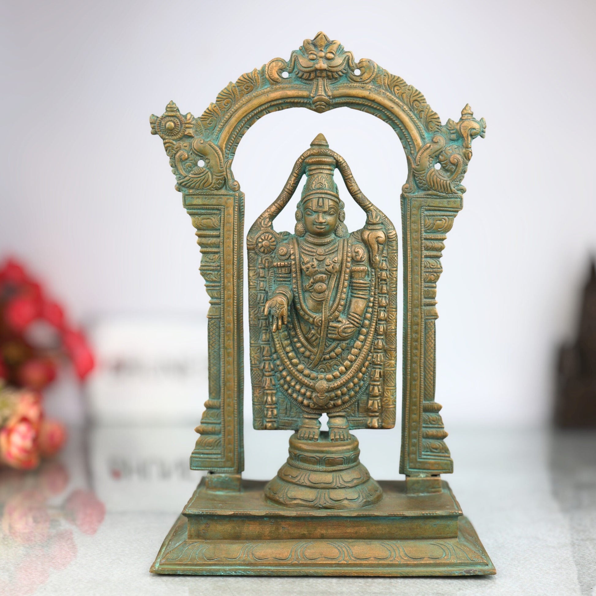 Handmade Bronze Tirupati Balaji Idol | Panchaloha Vishnu Statue | Govinda Murti with Prabhavali & Peetam | Temple Quality Venkateswara Sculpture,Brown, 13 Inch, 1 Piece
