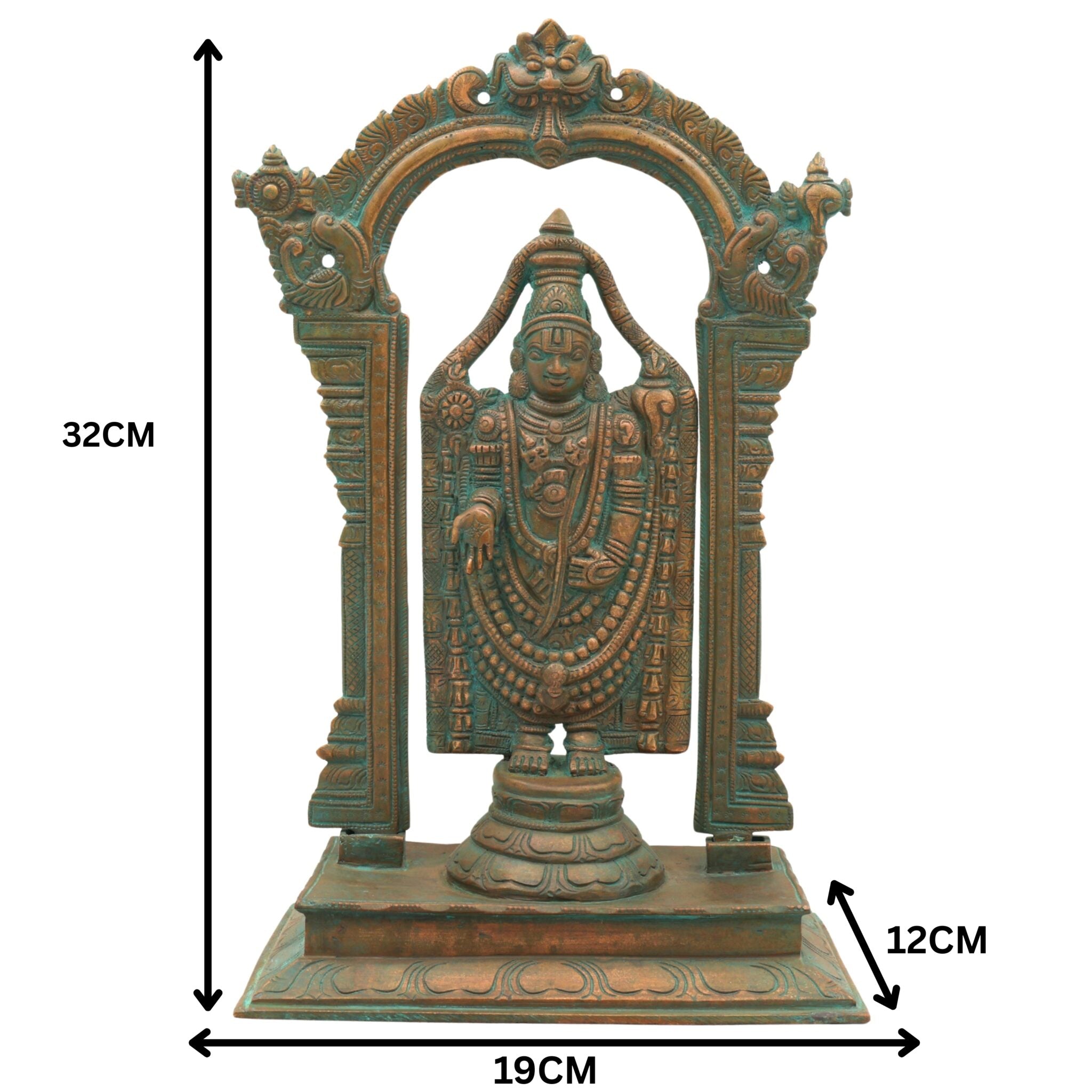Handmade Bronze Tirupati Balaji Idol | Panchaloha Vishnu Statue | Govinda Murti with Prabhavali & Peetam | Temple Quality Venkateswara Sculpture,Brown, 13 Inch, 1 Piece