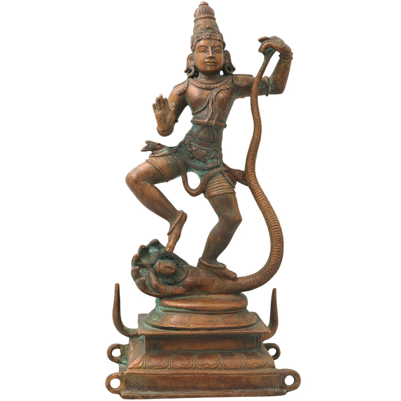 Bronze Krishna on Kaliya Nag Idol, Panchaloha Gopal Murti, nag Krishna Vigaraham for Pooja, Home Decor, Temple Sculpture ,Brown, 13.5 Inch, 1 Piece