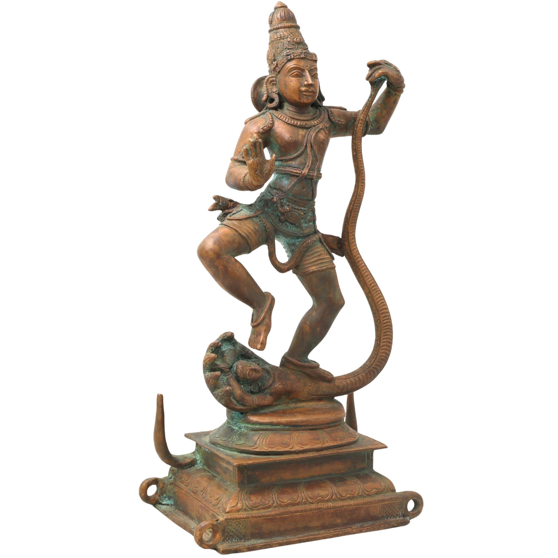 Bronze Krishna on Kaliya Nag Idol, Panchaloha Gopal Murti, nag Krishna Vigaraham for Pooja, Home Decor, Temple Sculpture ,Brown, 13.5 Inch, 1 Piece