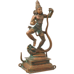 Bronze Krishna on Kaliya Nag Idol, Panchaloha Gopal Murti, nag Krishna Vigaraham for Pooja, Home Decor, Temple Sculpture ,Brown, 13.5 Inch, 1 Piece