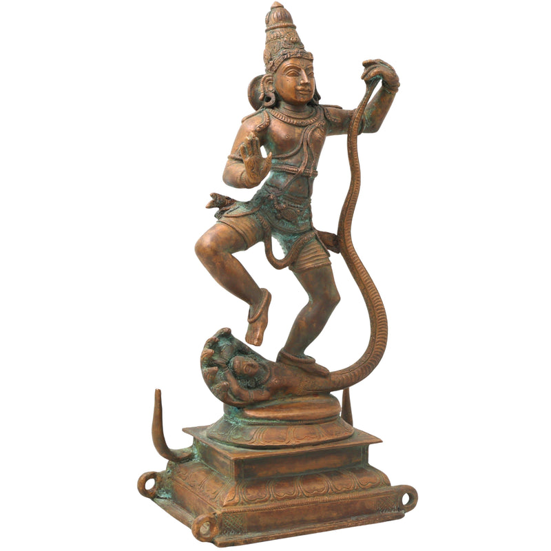 Bronze Krishna on Kaliya Nag Idol, Panchaloha Gopal Murti, nag Krishna Vigaraham for Pooja, Home Decor, Temple Sculpture ,Brown, 13.5 Inch, 1 Piece