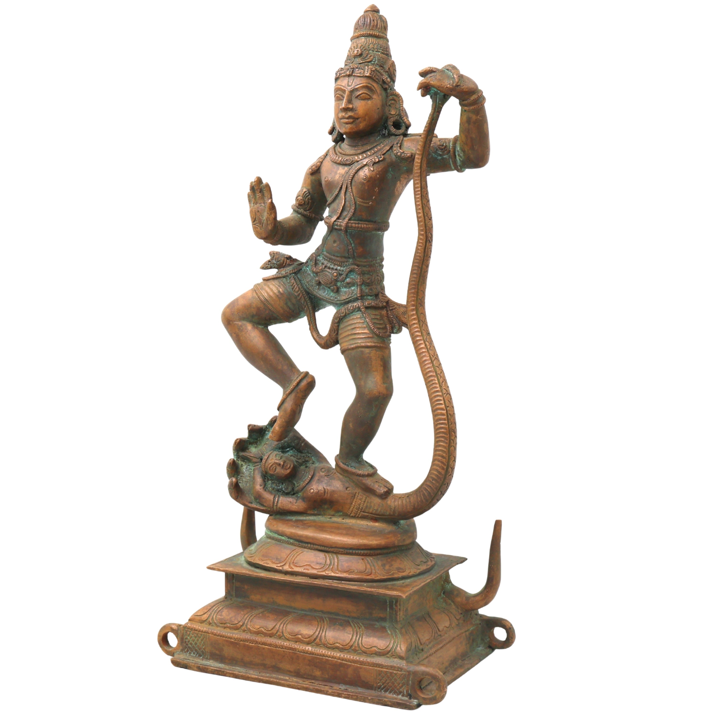 Bronze Krishna on Kaliya Nag Idol, Panchaloha Gopal Murti, nag Krishna Vigaraham for Pooja, Home Decor, Temple Sculpture ,Brown, 13.5 Inch, 1 Piece