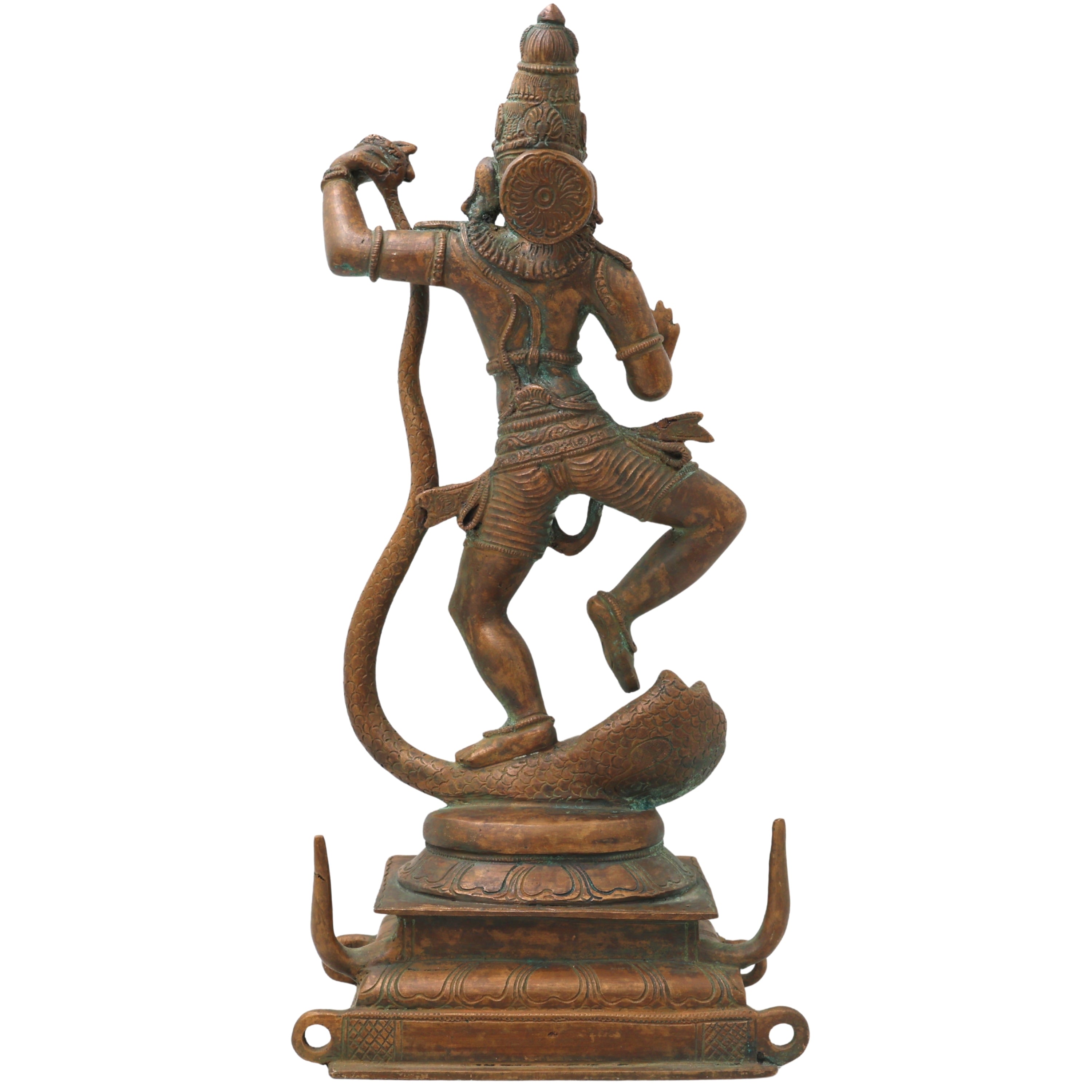 Bronze Krishna on Kaliya Nag Idol, Panchaloha Gopal Murti, nag Krishna Vigaraham for Pooja, Home Decor, Temple Sculpture ,Brown, 13.5 Inch, 1 Piece