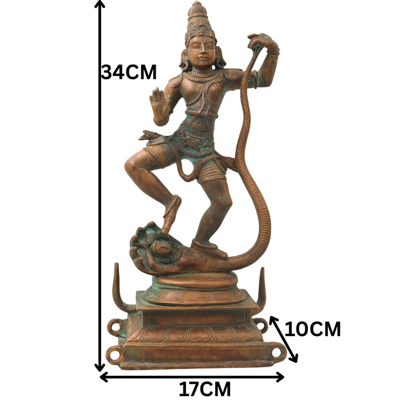 Bronze Krishna on Kaliya Nag Idol, Panchaloha Gopal Murti, nag Krishna Vigaraham for Pooja, Home Decor, Temple Sculpture ,Brown, 13.5 Inch, 1 Piece