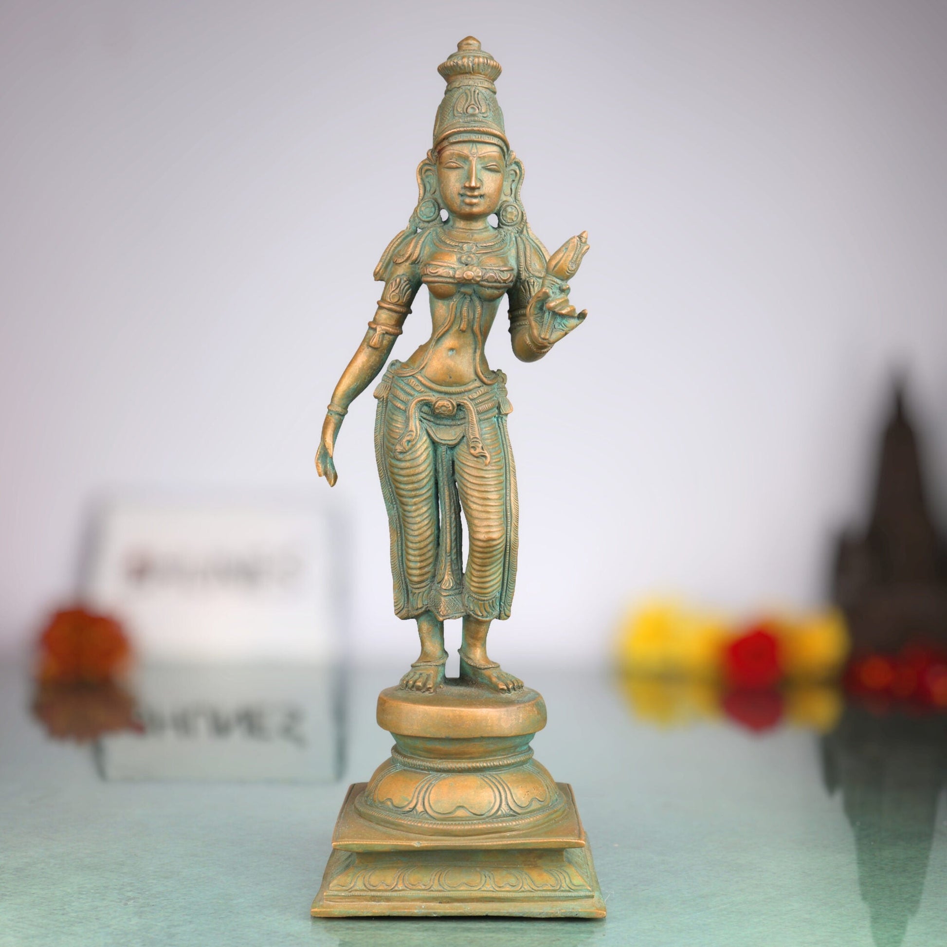 Handcrafted Bronze Sri Devi Idol, Panchaloha Lakshmi Murti, Mahalakshmi, Rajarajeshwari, Bhudevi, Chola Art Sculpture for Temple & Home Pooja, Brown, 10.5 Inch, 1 Piece