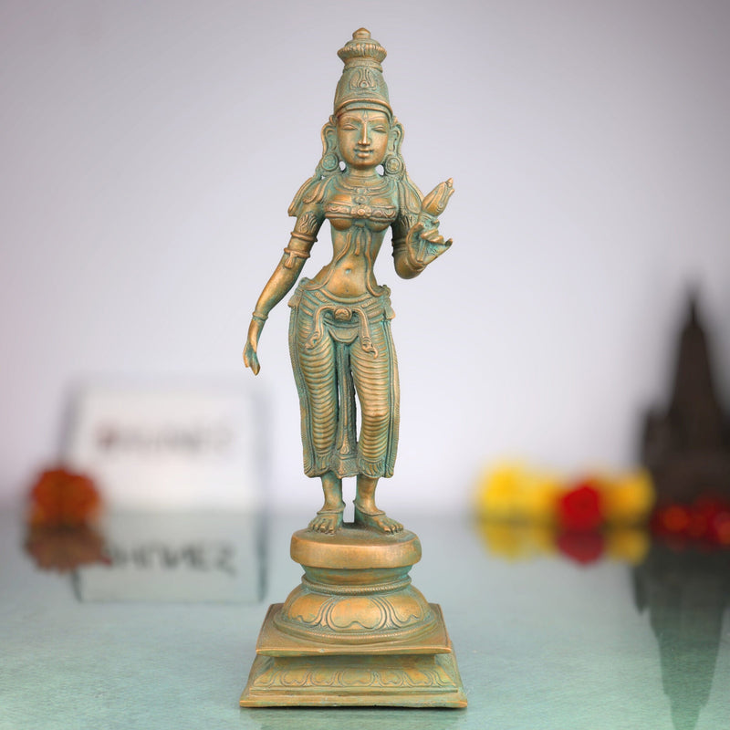 Handcrafted Bronze Sri Devi Idol, Panchaloha Lakshmi Murti, Mahalakshmi, Rajarajeshwari, Bhudevi, Chola Art Sculpture for Temple & Home Pooja, Brown, 10.5 Inch, 1 Piece