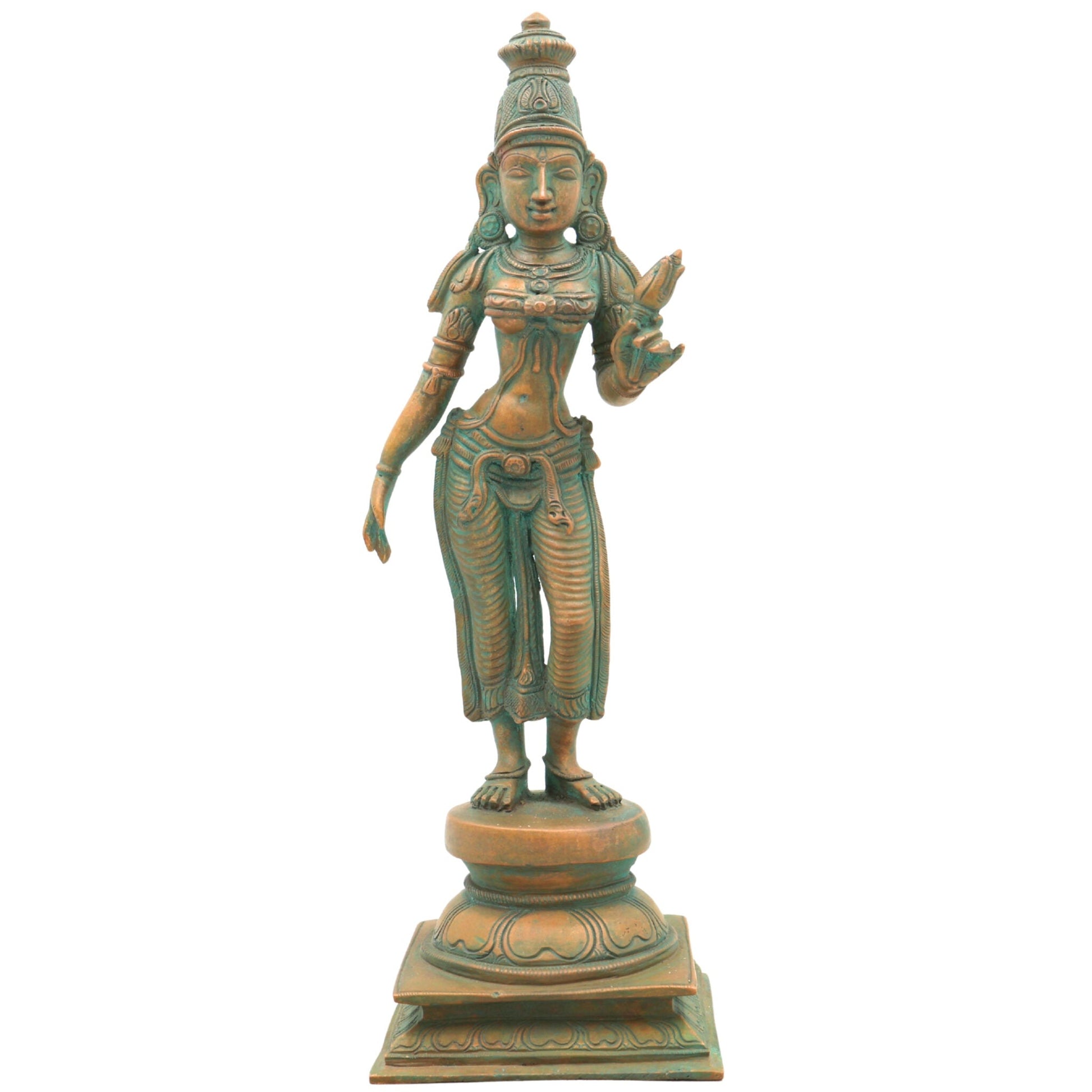 Handcrafted Bronze Sri Devi Idol, Panchaloha Lakshmi Murti, Mahalakshmi, Rajarajeshwari, Bhudevi, Chola Art Sculpture for Temple & Home Pooja, Brown, 10.5 Inch, 1 Piece