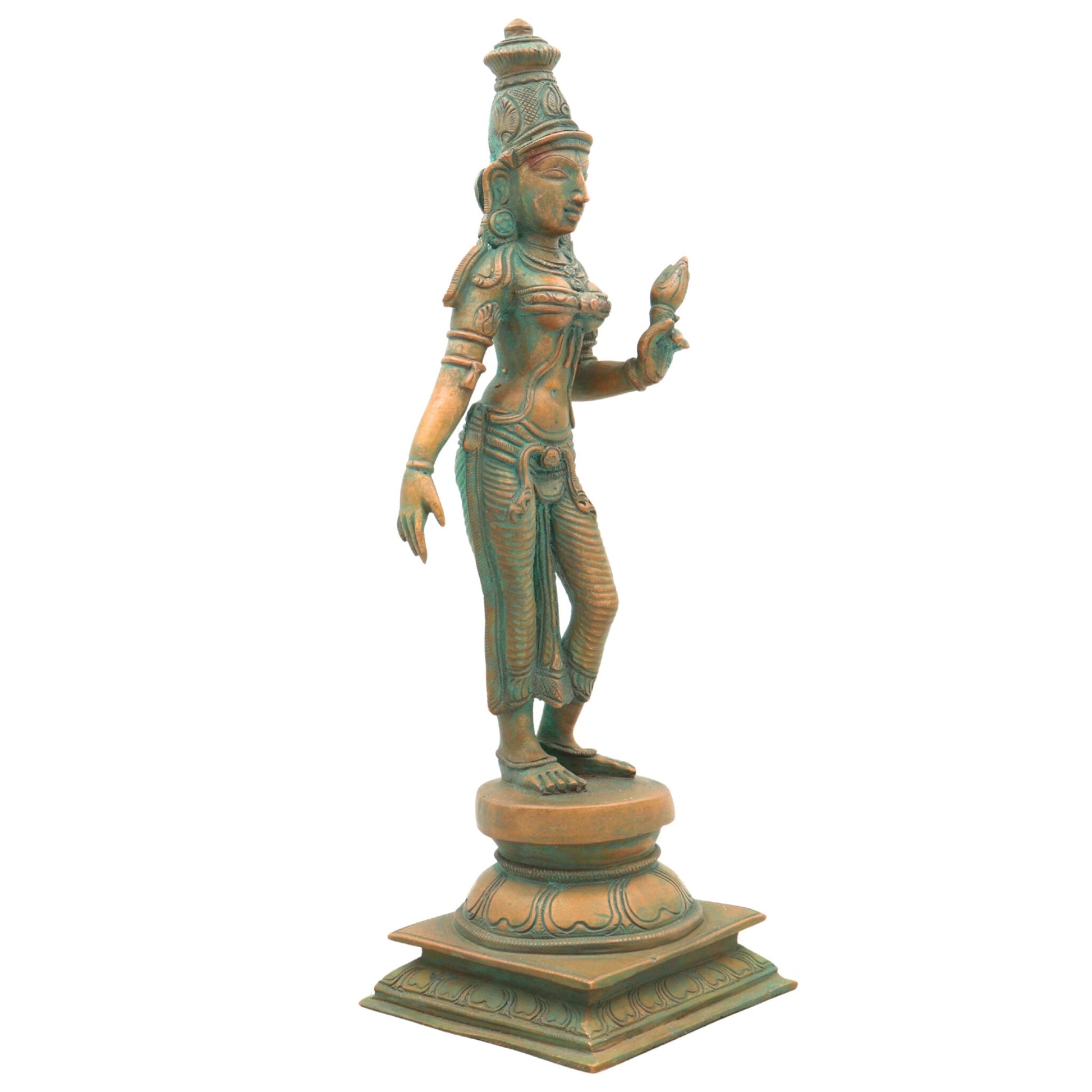 Handcrafted Bronze Sri Devi Idol, Panchaloha Lakshmi Murti, Mahalakshmi, Rajarajeshwari, Bhudevi, Chola Art Sculpture for Temple & Home Pooja, Brown, 10.5 Inch, 1 Piece
