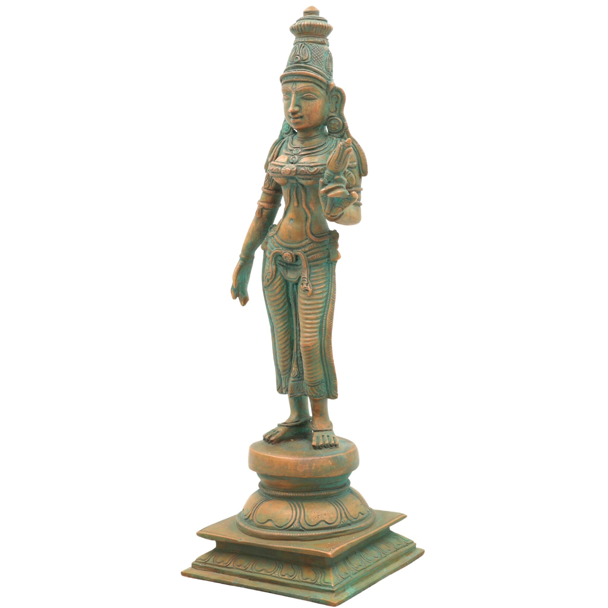 Handcrafted Bronze Sri Devi Idol, Panchaloha Lakshmi Murti, Mahalakshmi, Rajarajeshwari, Bhudevi, Chola Art Sculpture for Temple & Home Pooja, Brown, 10.5 Inch, 1 Piece