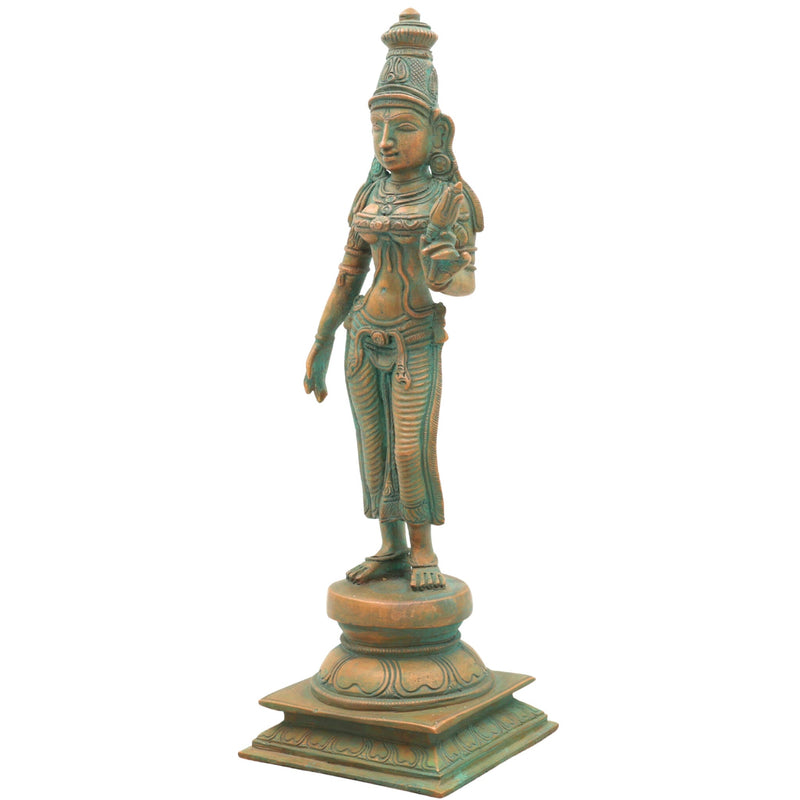 Handcrafted Bronze Sri Devi Idol, Panchaloha Lakshmi Murti, Mahalakshmi, Rajarajeshwari, Bhudevi, Chola Art Sculpture for Temple & Home Pooja, Brown, 10.5 Inch, 1 Piece