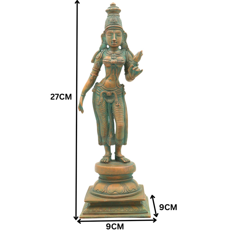 Handcrafted Bronze Sri Devi Idol, Panchaloha Lakshmi Murti, Mahalakshmi, Rajarajeshwari, Bhudevi, Chola Art Sculpture for Temple & Home Pooja, Brown, 10.5 Inch, 1 Piece