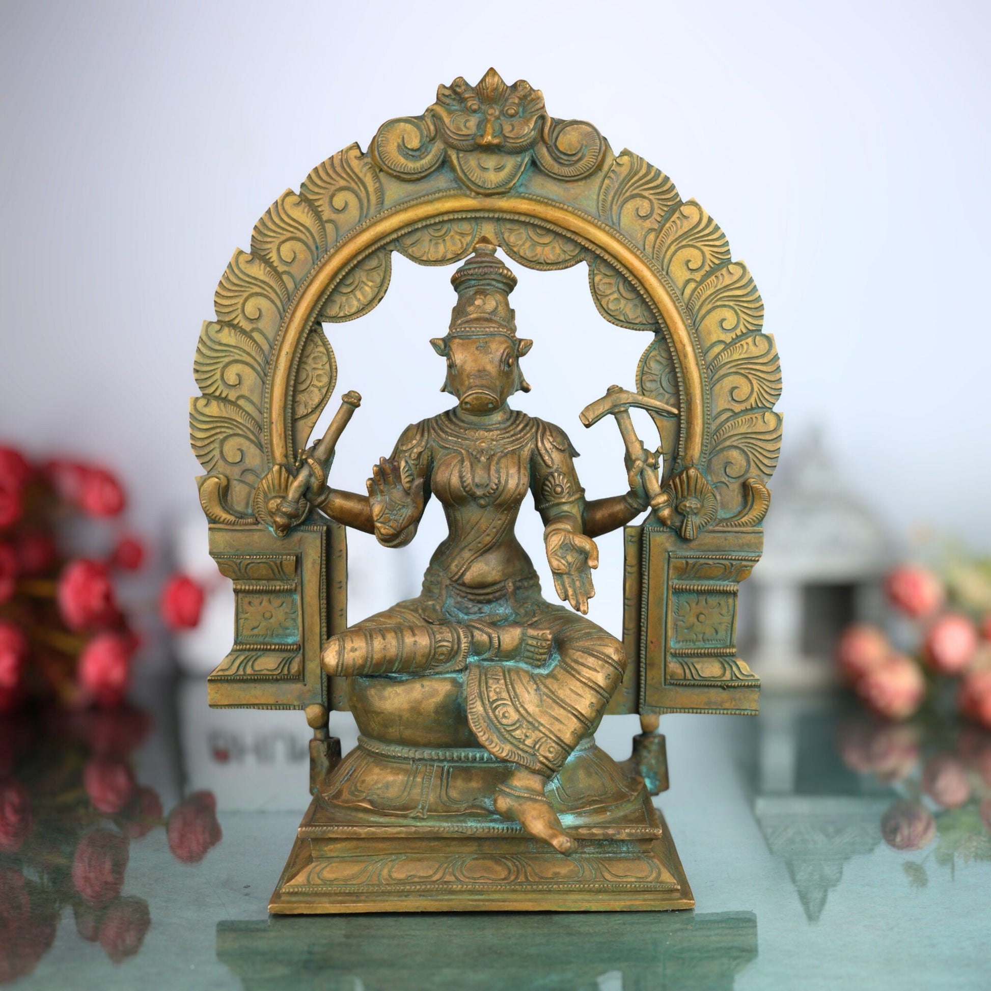 Handcrafted Bronze Varahi Devi Idol | Panchaloha Varahi Sculpture for Home Temple, South India Chola Art, Ashtadhatu & Brass Varahi Amman Statue,Brown, 13.5 Inch, 1 Piece
