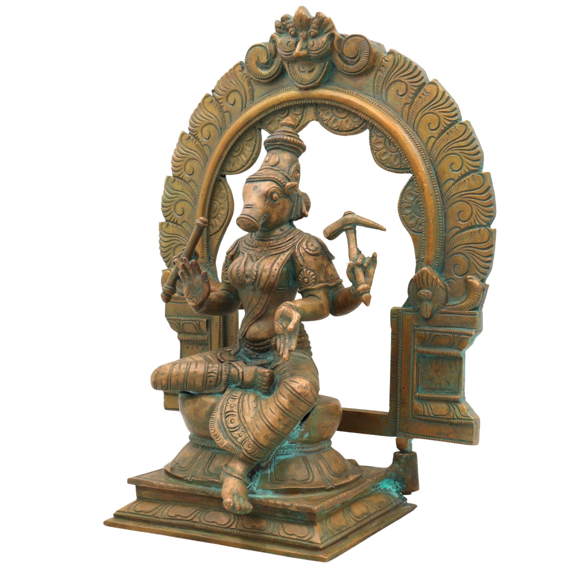 Handcrafted Bronze Varahi Devi Idol | Panchaloha Varahi Sculpture for Home Temple, South India Chola Art, Ashtadhatu & Brass Varahi Amman Statue,Brown, 13.5 Inch, 1 Piece