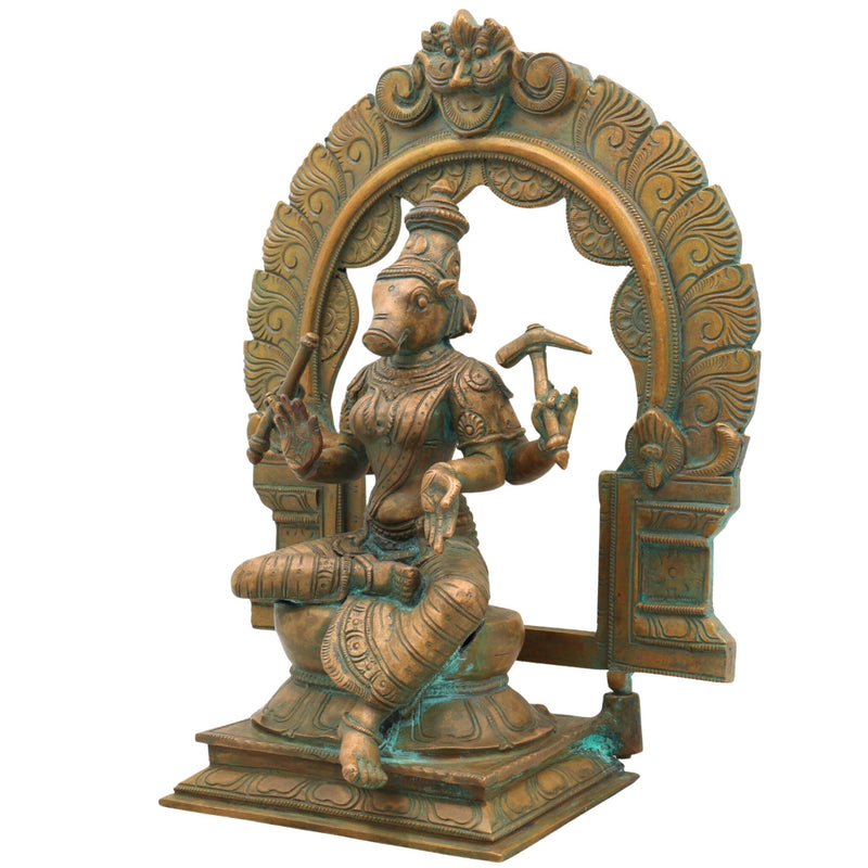 Handcrafted Bronze Varahi Devi Idol | Panchaloha Varahi Sculpture for Home Temple, South India Chola Art, Ashtadhatu & Brass Varahi Amman Statue,Brown, 13.5 Inch, 1 Piece