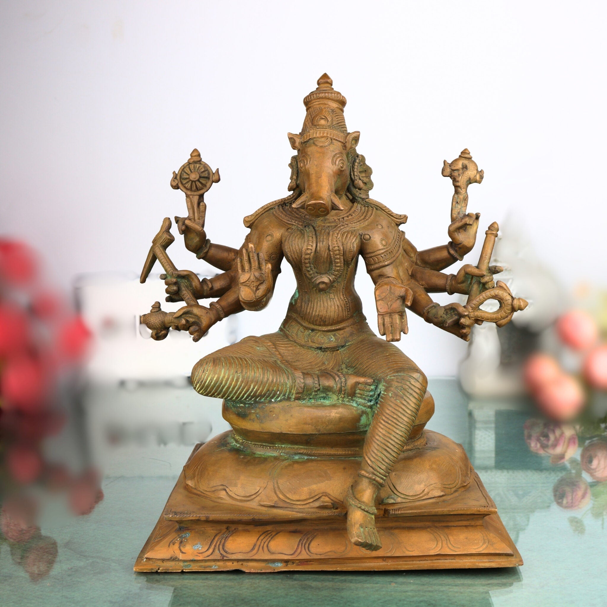 Handcrafted Bronze Varahi Devi Idol | Panchaloha Varahi Amman Statue | South India Art, Spiritual Hindu Goddess Sculpture,Brown, 11 Inch, 1 Piece