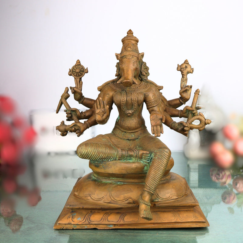 Handcrafted Bronze Varahi Devi Idol | Panchaloha Varahi Amman Statue | South India Art, Spiritual Hindu Goddess Sculpture,Brown, 11 Inch, 1 Piece